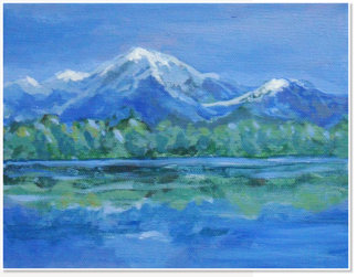 Sandra Hui. Mountains and Lake. Acrylic on canvas.