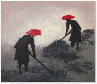 Suan Ong.  Samsui Aunties. Acrylic on paper.