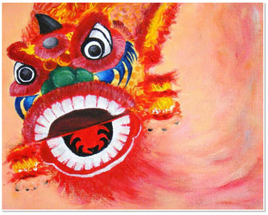 June Ang. Lion Dance Joy. Acrylic on canvas pane