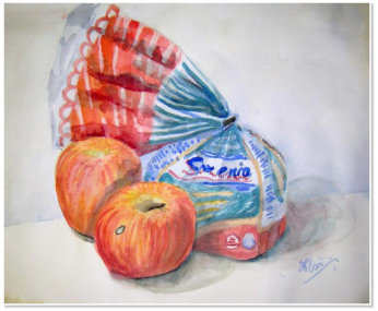Constance Chan.  Apples and Bread. Watercolour on paper.